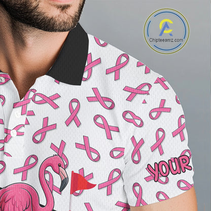 Pink ribbon pattern flamingo Men golf polo shirts Custom breast cancer awareness golf outfit for men NQS10149