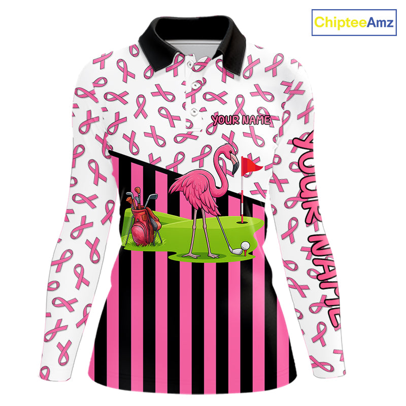 Pink ribbon pattern flamingo Women golf polo shirts Custom breast cancer awareness ladies golf outfit NQS10149