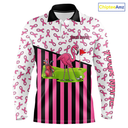 Pink ribbon pattern flamingo Men golf polo shirts Custom breast cancer awareness golf outfit for men NQS10149
