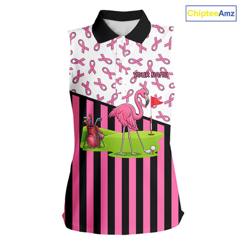 Pink ribbon pattern flamingo Women sleeveless polo shirt Custom breast cancer awareness golf outfit NQS10149