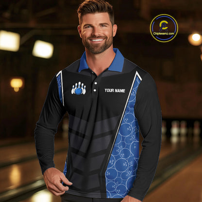 Black and Blue Camo Flame Mens Bowling Polo, quarter zip shirts Custom team bowling league jersey NQS10150
