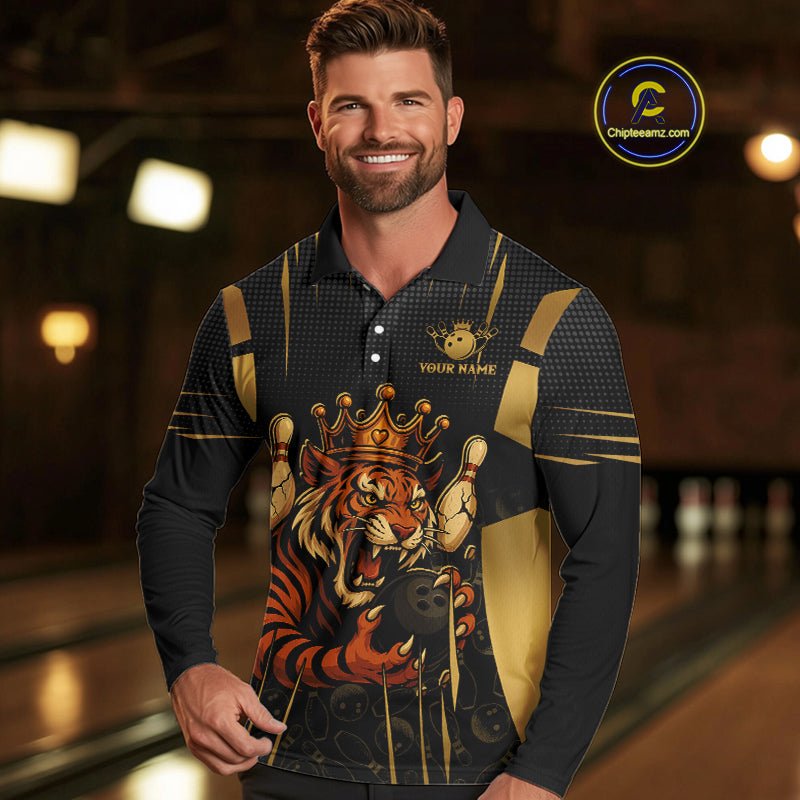 Personalized Black and Gold Tiger Bowling Shirt For Mens Custom Team bowling jerseys, gift for Bowler NQS10474