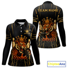 Load image into Gallery viewer, Personalized Black and Gold Tiger Bowling Shirt For Women Custom Team bowling jersey, gift for Bowler NQS10474