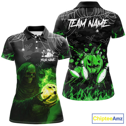 Black Bowling Camo Green flame Skull Custom Halloween Bowling Shirts For Women, Bowling Team Jerseys NQS8500