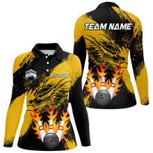 Load image into Gallery viewer, Black And Gold Custom Flame Dragon Bowling Shirts For Women, Dragon Retro Bowling Team Shirts NQS8505