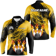 Load image into Gallery viewer, Black And Gold Custom Flame Dragon Bowling Shirts For Men, Dragon Retro Bowling Team Shirts NQS8505