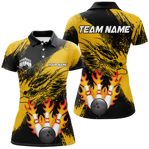 Black And Gold Custom Flame Dragon Bowling Shirts For Women, Dragon Retro Bowling Team Shirts NQS8505