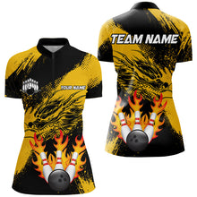 Load image into Gallery viewer, Black And Gold Custom Flame Dragon Bowling Shirts For Women, Dragon Retro Bowling Team Shirts NQS8505