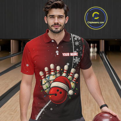 Custom Funny Christmas Bowling Shirts For Men, Black and Red Gradient Xmas Bowling Outfit Bowler Gift NQS10692
