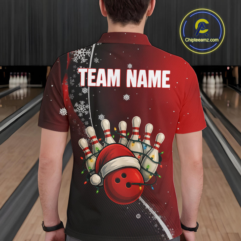 Custom Funny Christmas Bowling Shirts For Men, Black and Red Gradient Xmas Bowling Outfit Bowler Gift NQS10692