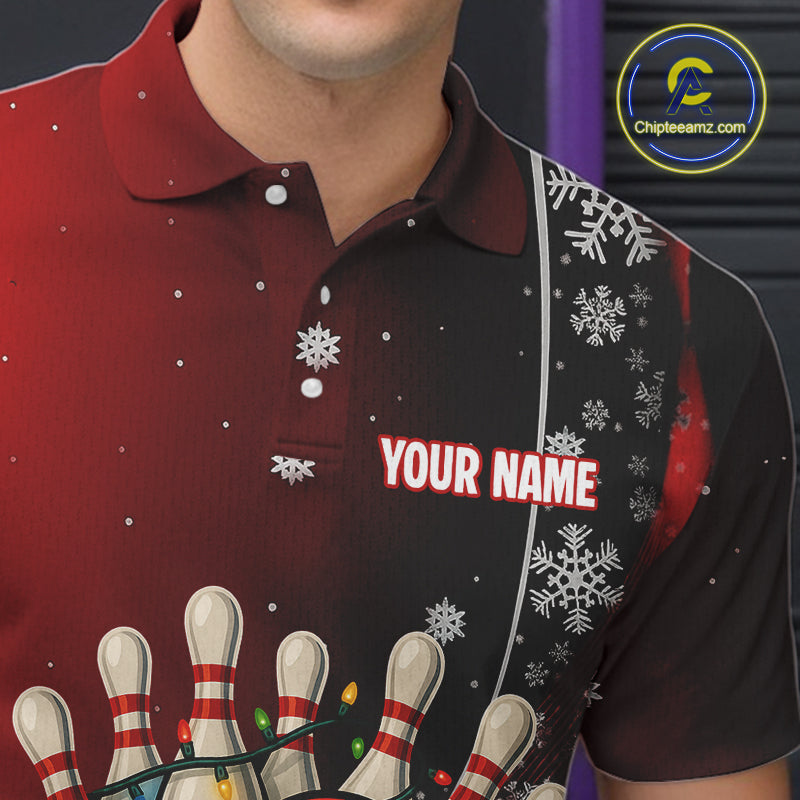 Custom Funny Christmas Bowling Shirts For Men, Black and Red Gradient Xmas Bowling Outfit Bowler Gift NQS10692