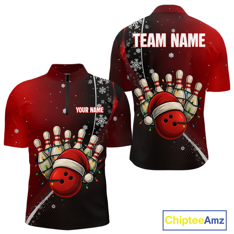 Custom Funny Christmas Bowling Shirts For Men, Black and Red Gradient Xmas Bowling Outfit Bowler Gift NQS10692