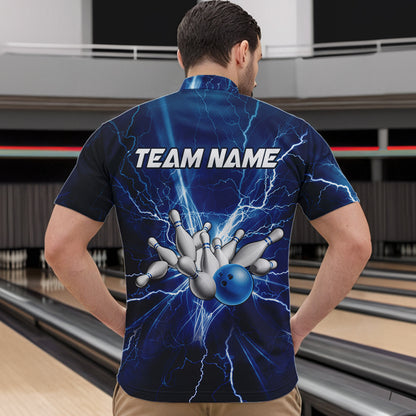 Men's bowling Quarter Zip shirts Custom blue lightning thunder Bowling Team Jersey, gift for Bowlers NQS6638
