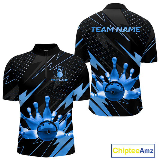 Custom Black and Blue Bowling Polo, Quarter Zip Shirts for Men, Team Bowling League Jersey NQS10892