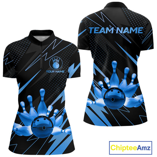 Custom Black and Blue Bowling Polo, Quarter Zip Shirts for Women, Team Bowling League Jersey NQS10892