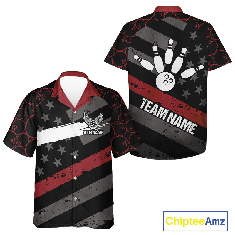 Black American flag Bowling Hawaiian shirt Custom bowling camo Team Jerseys, gift for Bowlers | Red NQS10895
