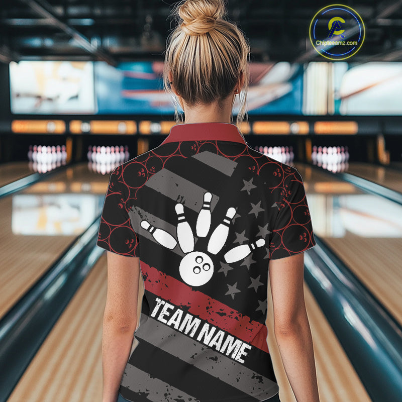 Black American flag Women bowling shirts Custom bowling camo Team Jerseys, gift for Bowlers | Red NQS10895