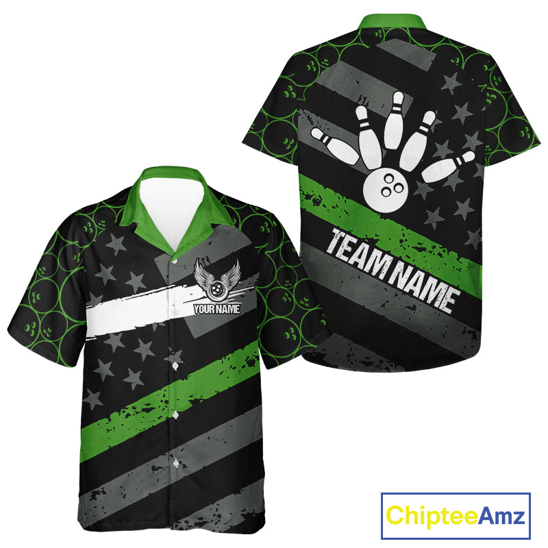 Black American flag Bowling Hawaiian shirt Custom bowling camo Team Jerseys, gift for Bowlers | Green NQS10896