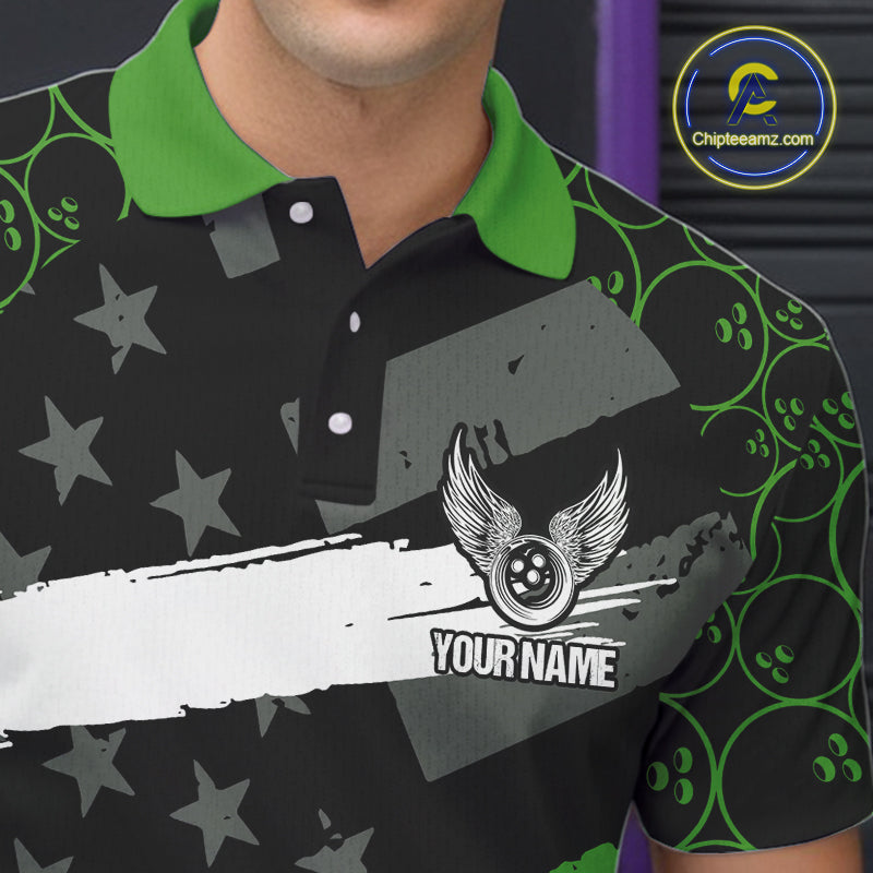 Black American flag Men bowling shirts Custom bowling camo Team Jerseys, gift for Bowlers | Green NQS10896