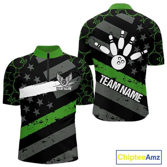 Black American flag Men bowling shirts Custom bowling camo Team Jerseys, gift for Bowlers | Green NQS10896