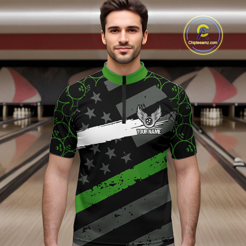 Black American flag Men bowling shirts Custom bowling camo Team Jerseys, gift for Bowlers | Green NQS10896