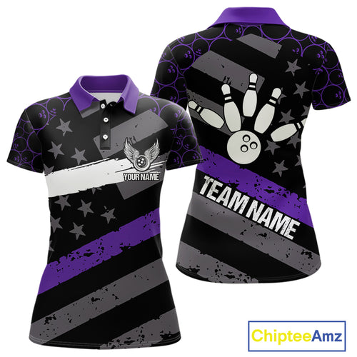 Black American flag Women bowling shirts Custom bowling camo Team Jerseys, gift for Bowlers | Purple NQS10897