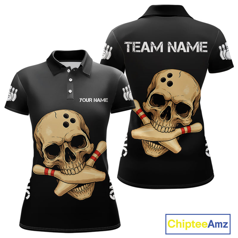 Personalized Skull Bowling Shirts For Women Custom Team's Name Skull Bowler Jerseys | Black NQS11081