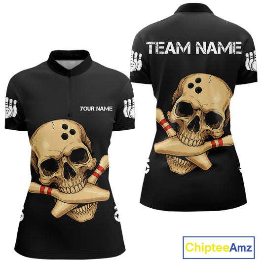Personalized Skull Bowling Shirts For Women Custom Team's Name Skull Bowler Jerseys | Black NQS11081