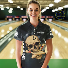 Load image into Gallery viewer, Personalized Black American Flag Skull Bowling Shirt For Women Custom Team&#39;s Name Skull Bowler Jersey NQS11082