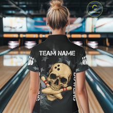 Load image into Gallery viewer, Personalized Black American Flag Skull Bowling Shirt For Women Custom Team&#39;s Name Skull Bowler Jersey NQS11082