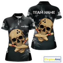 Load image into Gallery viewer, Personalized Black American Flag Skull Bowling Shirt For Women Custom Team&#39;s Name Skull Bowler Jersey NQS11082