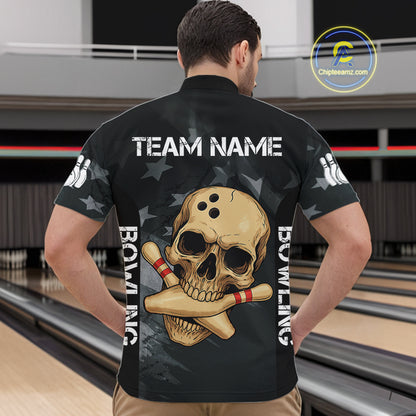 Personalized Black American Flag Skull Bowling Shirts For Men Custom Team's Name Skull Bowler Jerseys NQS11082