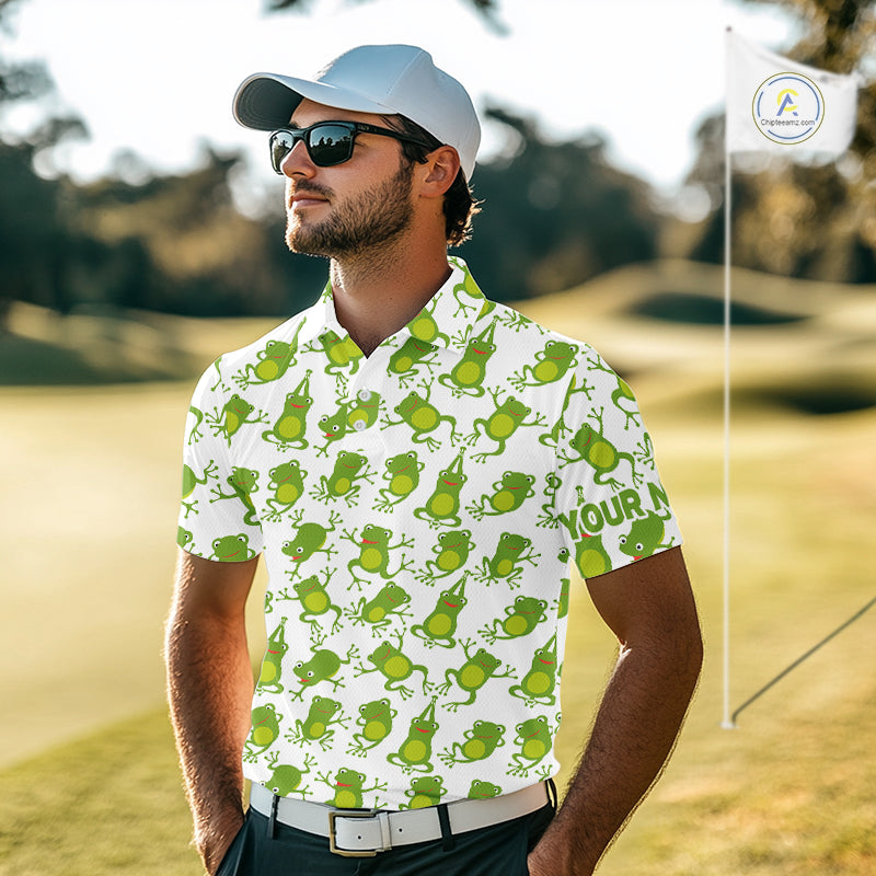 Funny Green Frog pattern Mens Golf polo shirts Custom golf attire for men, gift for golfers NQS11285