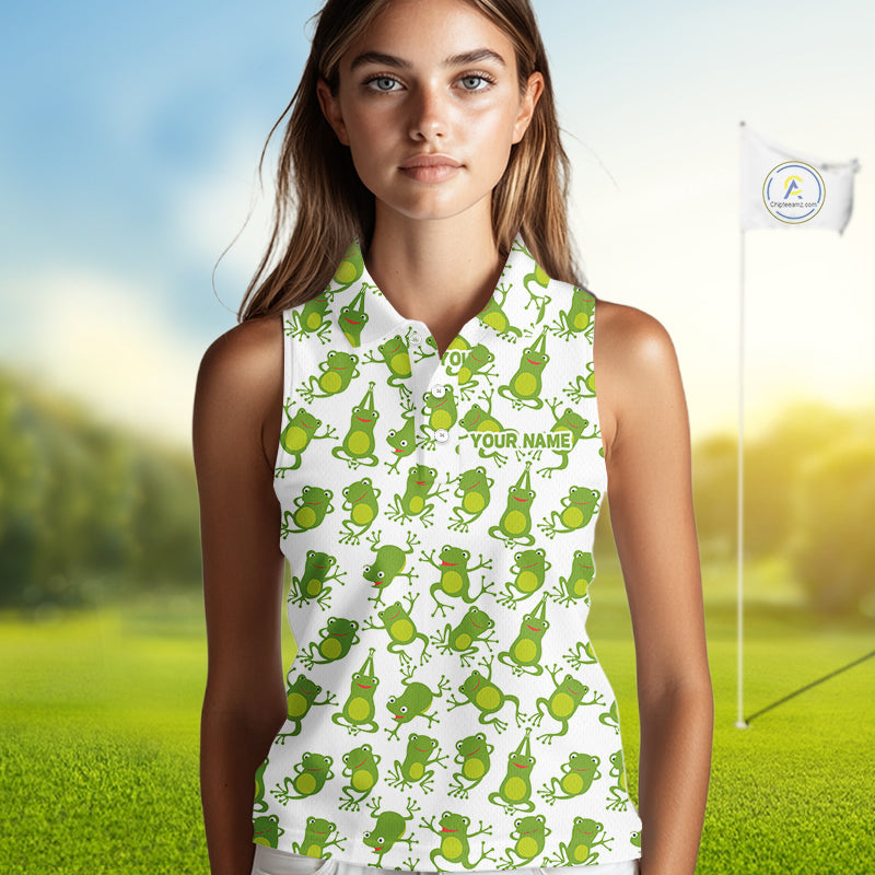 Funny Green Frog pattern Women Sleeveless polo shirt Custom golf attire for ladies, gift for golfers NQS11285