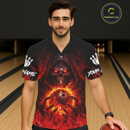 Black And Red Flame Skull Reaper hawaiian bowling shirts, Personalized button up bowling shirts NQS11491