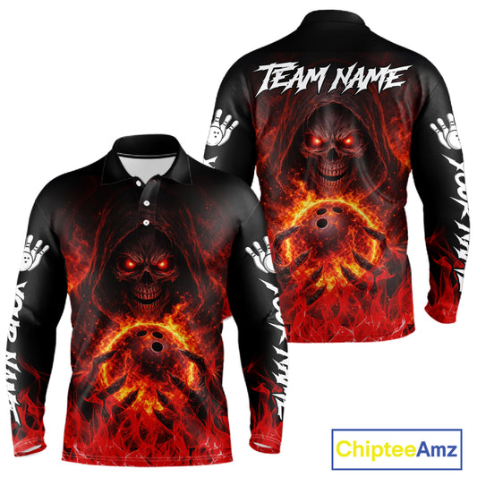 Black And Red Flame Skull Reaper Men's Bowling Shirts, Personalized bowling outfit men bowling jersey NQS11491