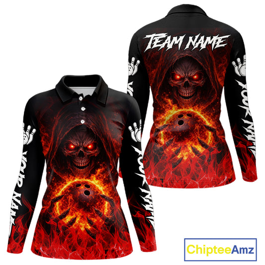 Black And Red Flame Skull Reaper Womens bowling shirt, Personalized Bowling Jerseys Women NQS11491
