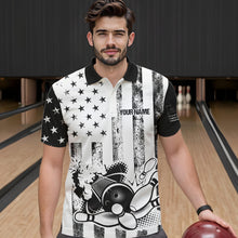 Load image into Gallery viewer, Personalized Black and White American Flag Retro Bowling shirts for Men, Patriotic Bowling Team Jersey NQS9567