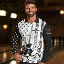 Load image into Gallery viewer, Personalized Black and White American Flag Retro Bowling shirts for Men, Patriotic Bowling Team Jersey NQS9567