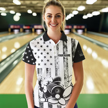 Load image into Gallery viewer, Personalized Black &amp; White American Flag Retro Bowling shirt for Women, Patriotic Bowling Team Jersey NQS9567