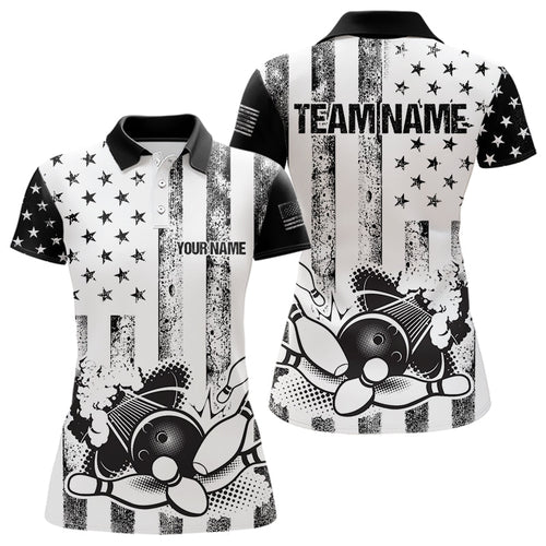 Personalized Black & White American Flag Retro Bowling shirt for Women, Patriotic Bowling Team Jersey NQS9567