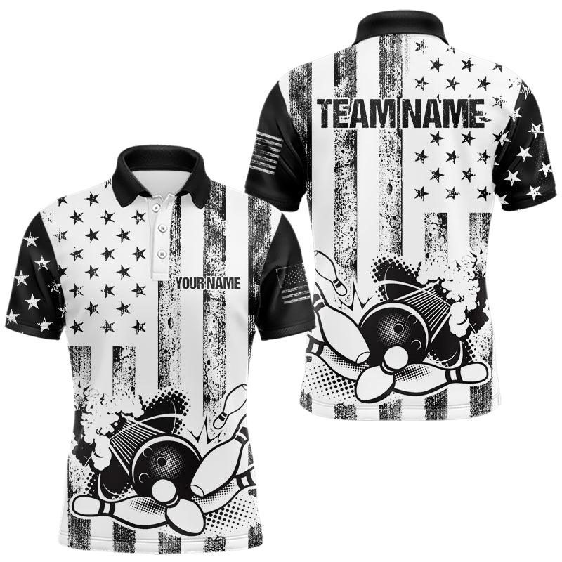 Personalized Black and White American Flag Retro Bowling shirts for Men, Patriotic Bowling Team Jersey NQS9567