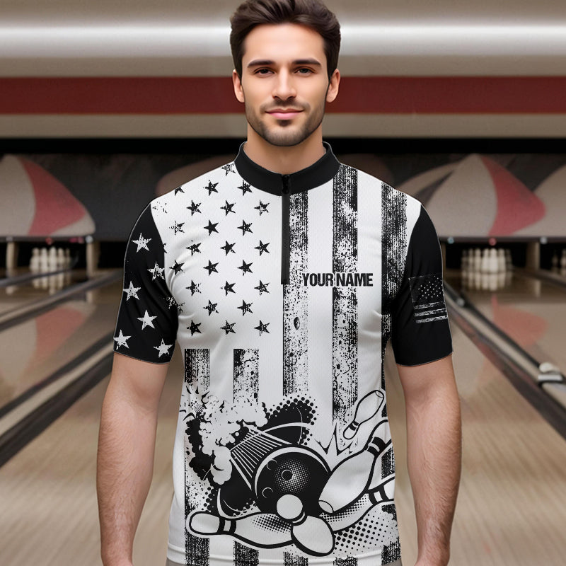 Personalized Black and White American Flag Retro Bowling shirts for Men, Patriotic Bowling Team Jersey NQS9567