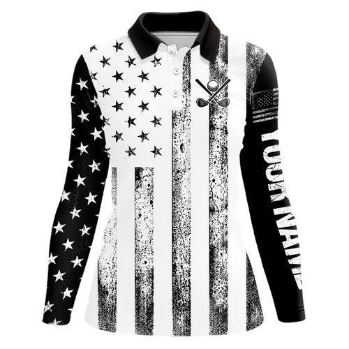 Personalized Black & White American Flag Retro Women golf polo shirts Custom Patriotic ladies golf top NQS9568