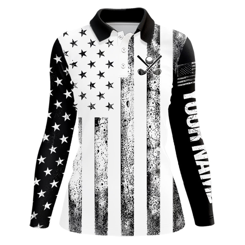 Personalized Black & White American Flag Retro Women golf polo shirts Custom Patriotic ladies golf top NQS9568
