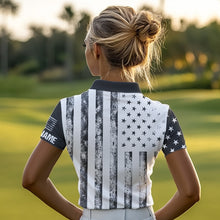 Load image into Gallery viewer, Personalized Black &amp; White American Flag Retro Women golf polo shirts Custom Patriotic ladies golf top NQS9568