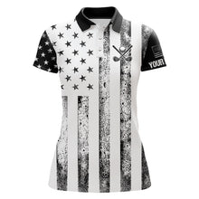 Load image into Gallery viewer, Personalized Black &amp; White American Flag Retro Women golf polo shirts Custom Patriotic ladies golf top NQS9568