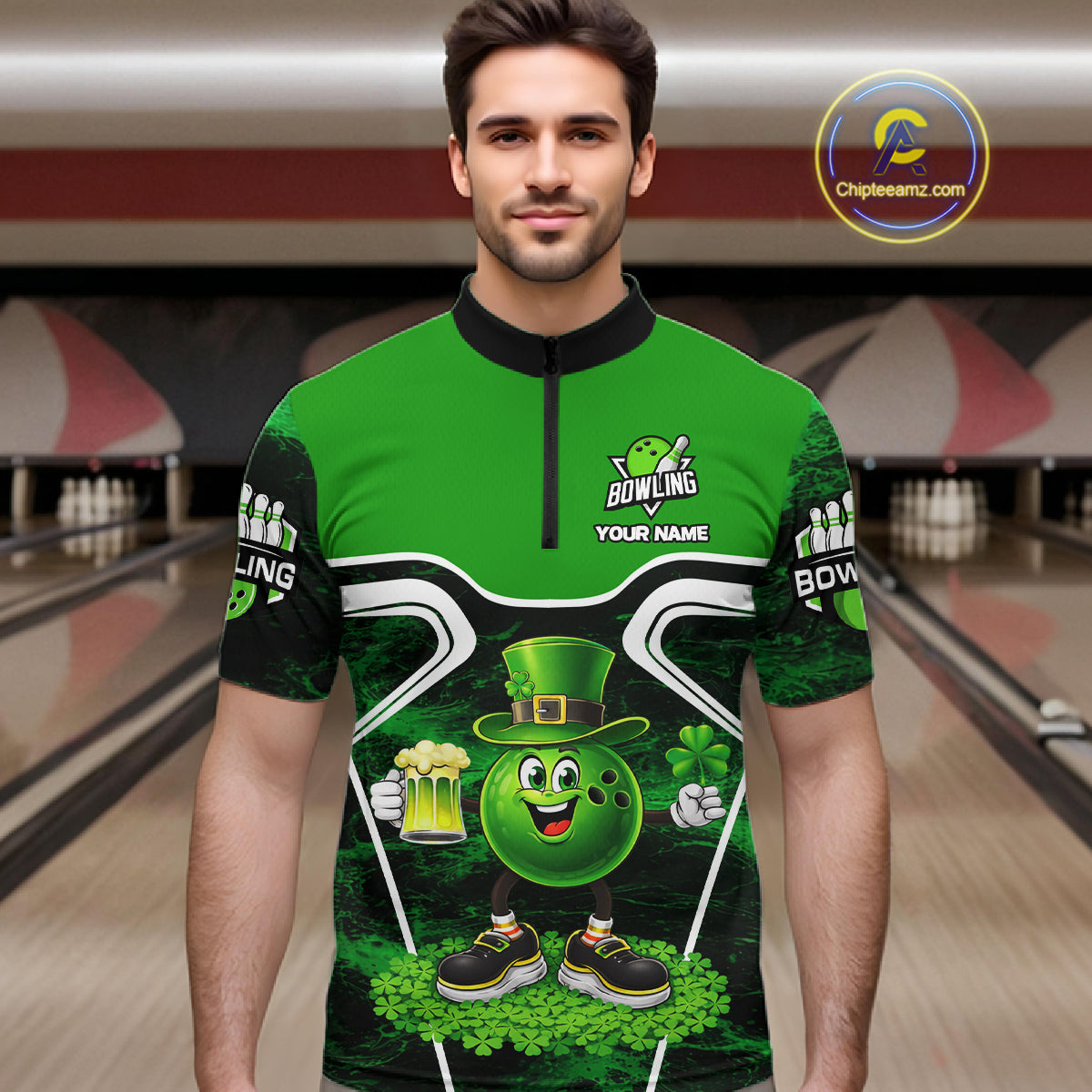Funny Bowling and Beer Green Shamrock Bowling shirts for Men Custom St Patrick Team bowling Jerseys NQS11672