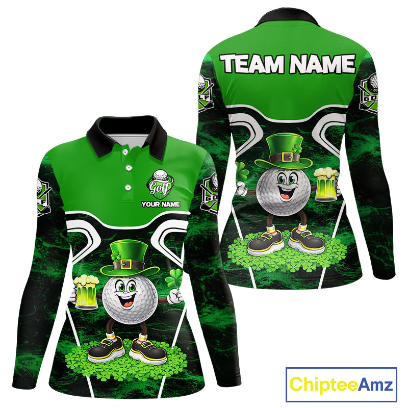 Funny Golf and Beer Green Shamrock Golf shirts for Women Custom St Patrick Team Ladies Golf Jerseys NQS11673