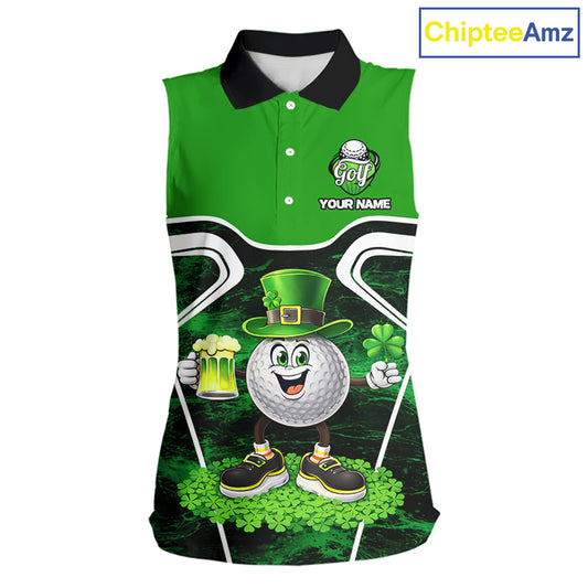 Funny Golf and Beer Green Shamrock Sleeveless Golf shirt Custom St Patrick Team Ladies Golf Jerseys NQS11673
